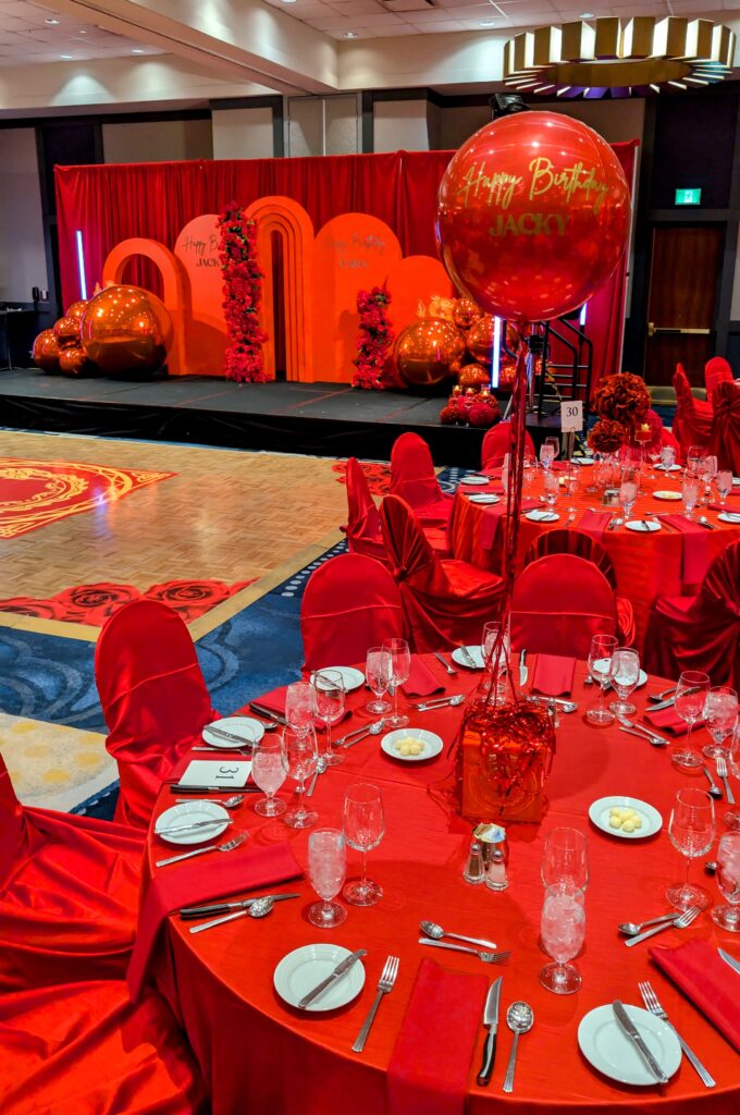 red mylar foil helium centrepiece with red metallic tassels